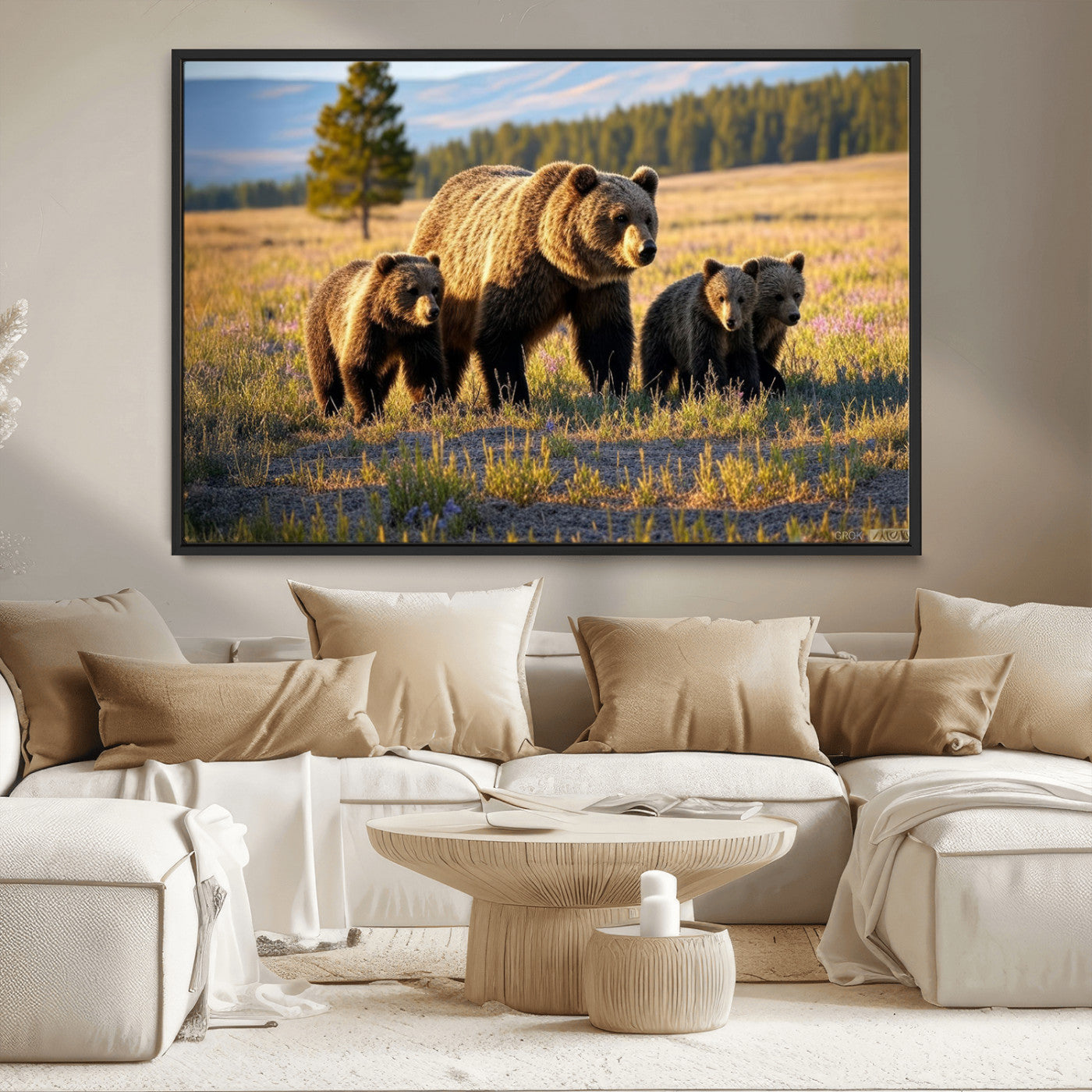MGV-FC-36X24 - Grizzly 399 in Wild Flowers Wall Art Canvas Print, Grizzly Bears Wall Art, Queen of Grand Teton