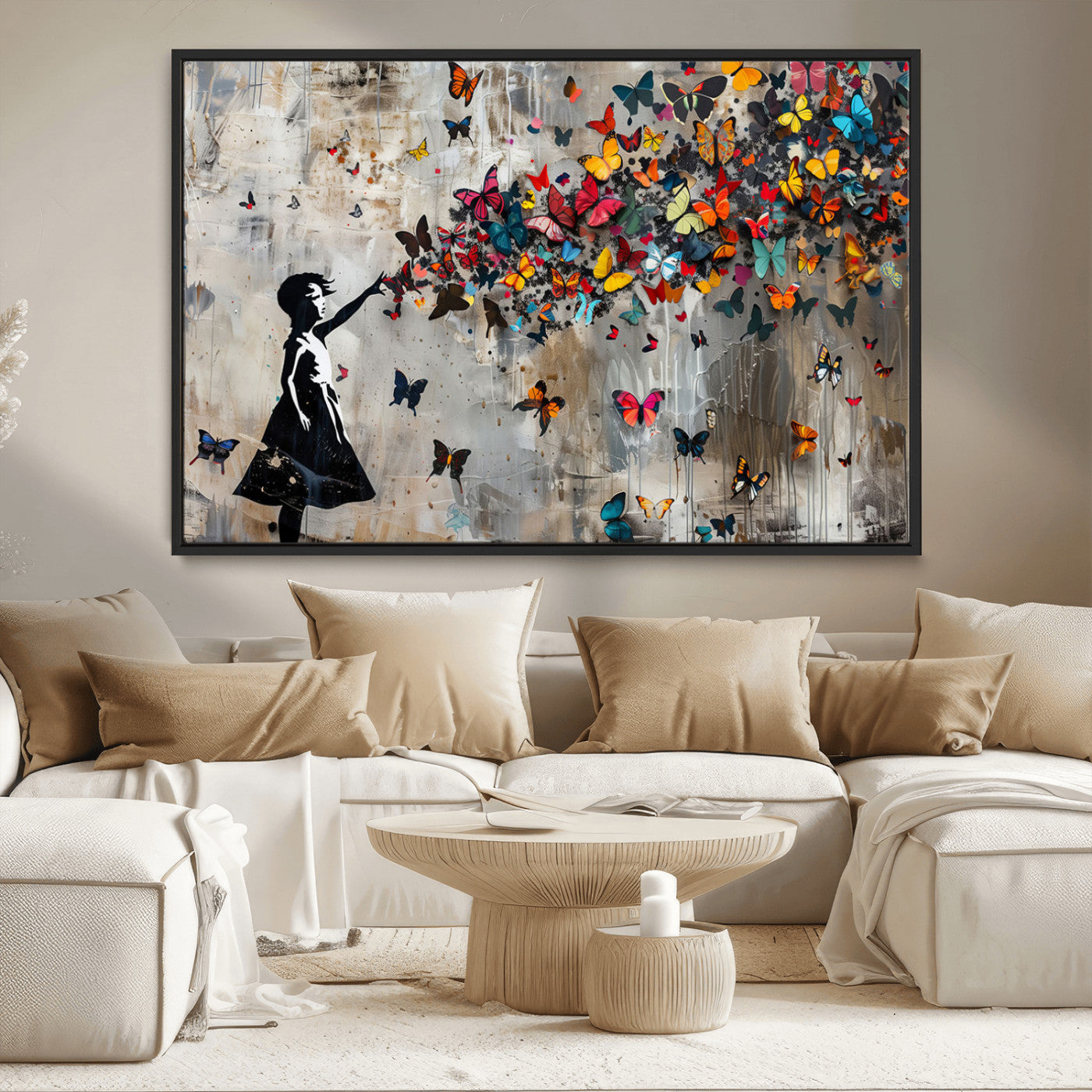 MGV-FC-36X24 - Banksy Butterfly Girl Wall Art | 3-Piece Butterfly Girl Canvas