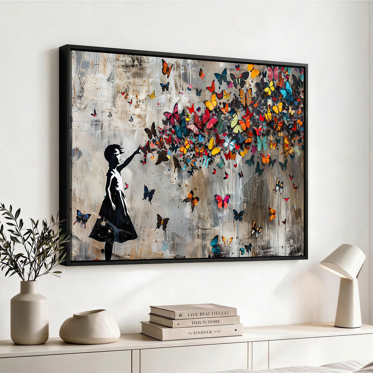 51446D-MGV-CV-24X16 - Banksy Butterfly Girl Wall Art | Modern Graffiti Canvas Print, Street Art Decor