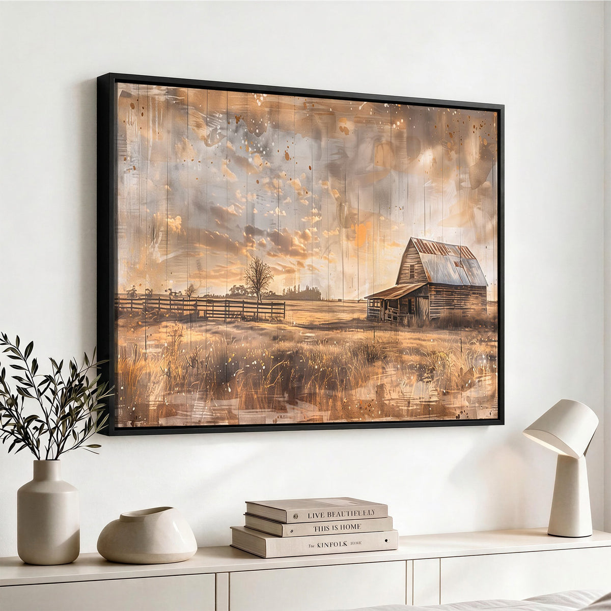 FARM2-MGV-CV-24X16 - Rustic Farmhouse Wall Art Canvas Print | Barn and Field Vintage Country Landscape