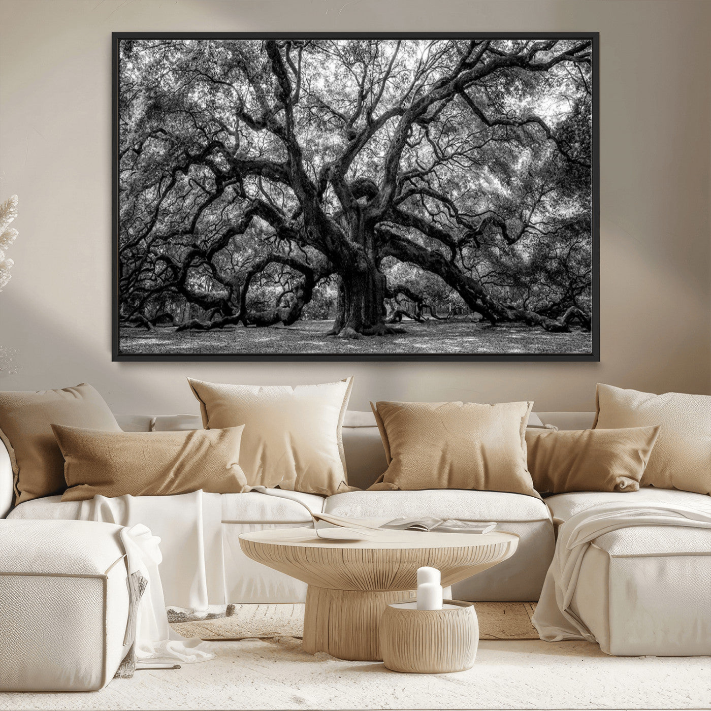 MGV-FC-36X24 - Black and White Old Angel Oak Tree Wall Art Canvas Print