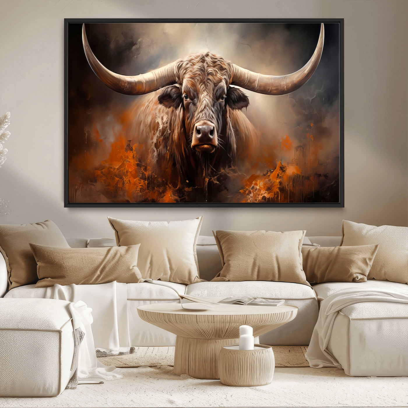 MGV-FC-36X24 - Highland Bull Canvas Abstract Canvas Wall Art Print – Powerful Highland Bull with Striking Horns in