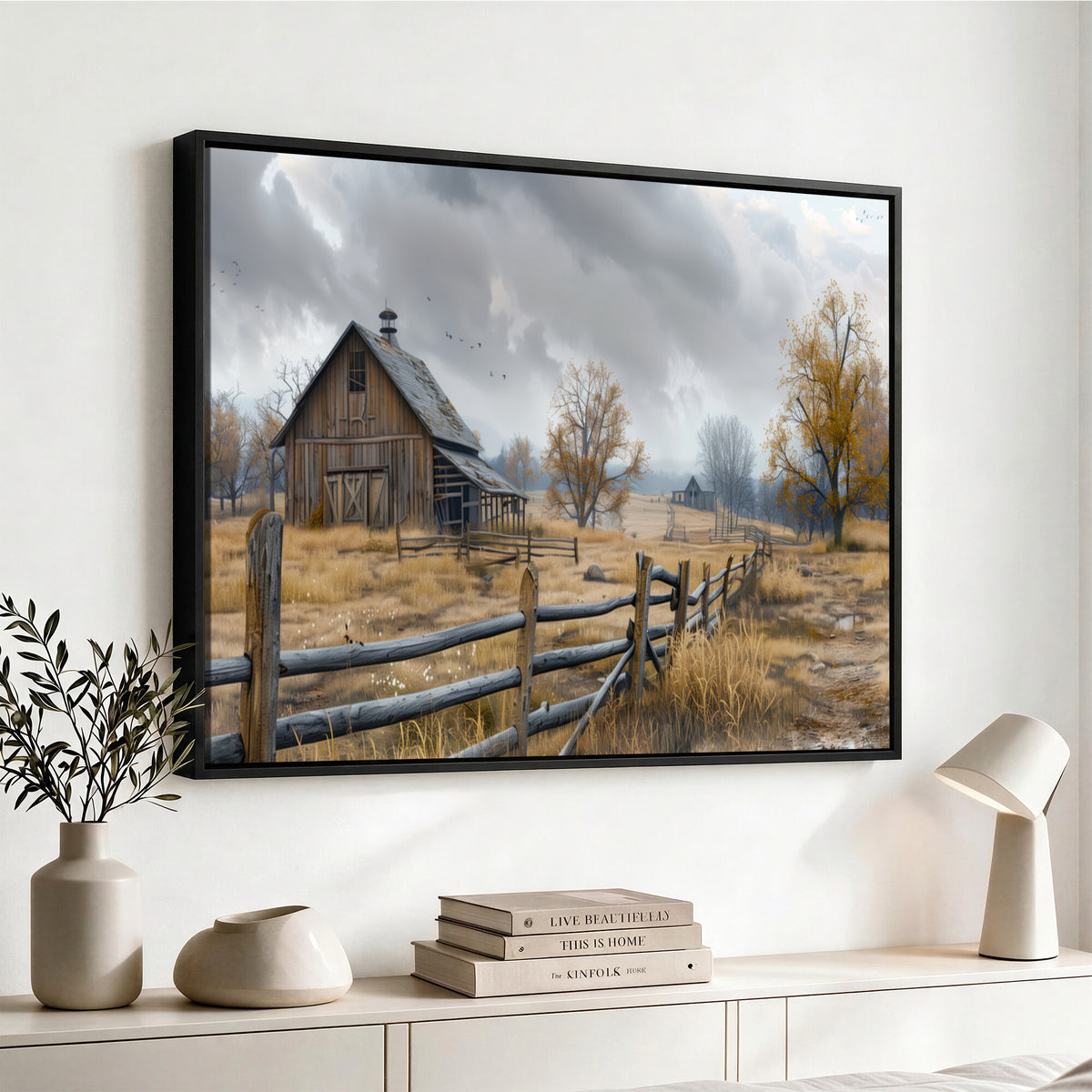 Farm1-MGV-CV-36X24 - Rustic Autumn Farmhouse Wall Art Canvas Print | Serene Countryside with Weathered Barn