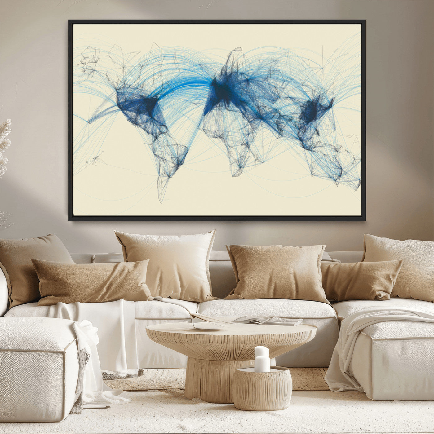 MGV-FC-36X24 - Flight Routes Map art Air Traffic Avi World Map with Blue Connections Canvas Wall Art – Modern