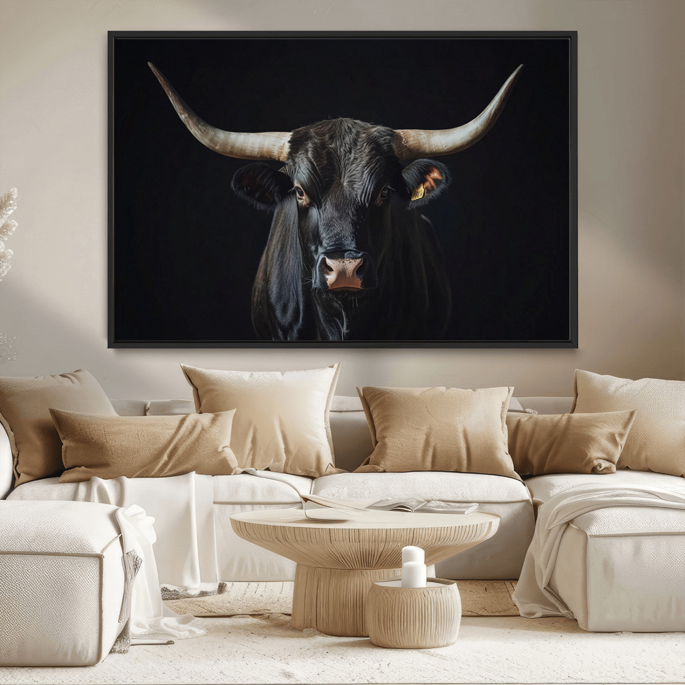 48065167-MGV-CV-36X24-Majestic Longhorn Bull Wall Art Canvas Print – Dark Background Western Ranch Portrait Artwork for Home, Office