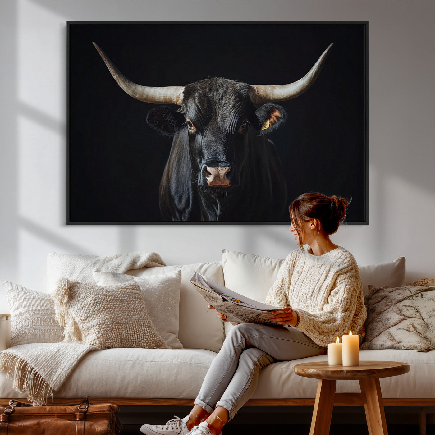 48065167-MGV-CV-36X24 - Texas Longhorn Bull Wall Art Canvas Print – Western Black Bull Art Print for Farmhouse Ranch Decor