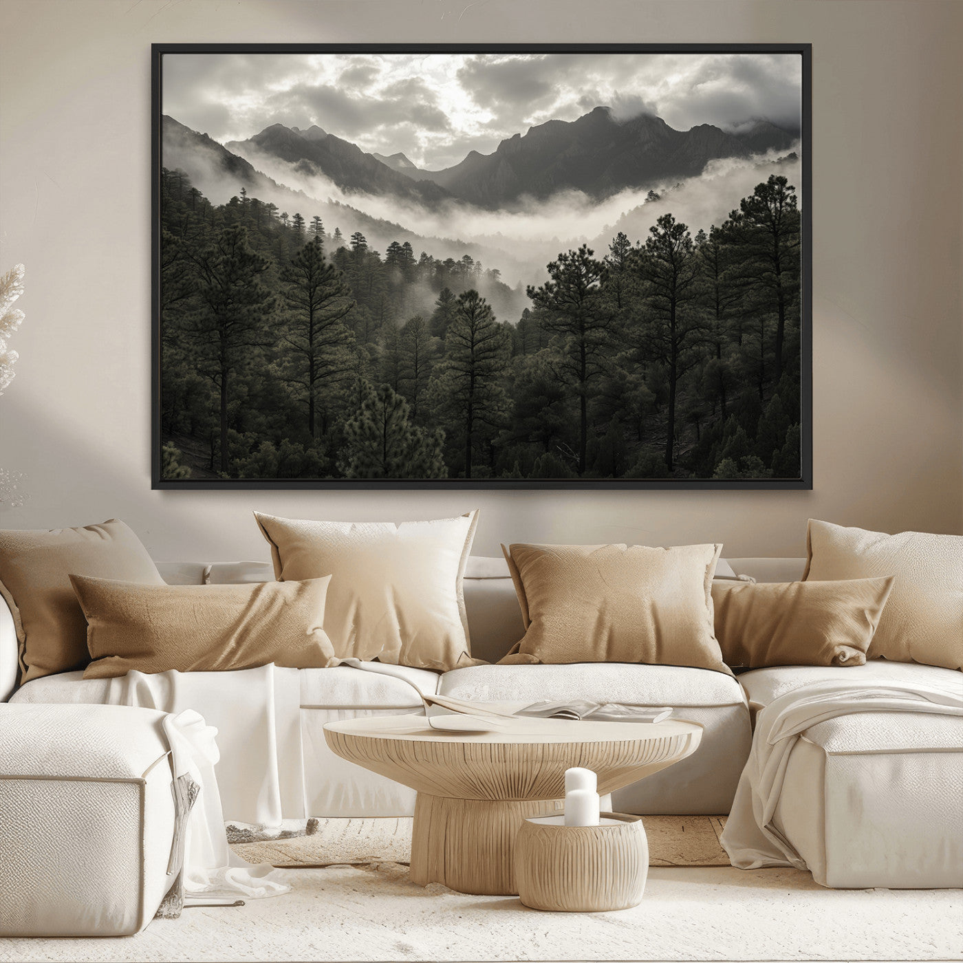 MGV-FC-36X24 - Misty Mountain Forest Wall Art – Canvas Print of Cloudy Peaks, Tranquil Pines, Enchanted Landscape, Majestic Nature Decor for Home or Office