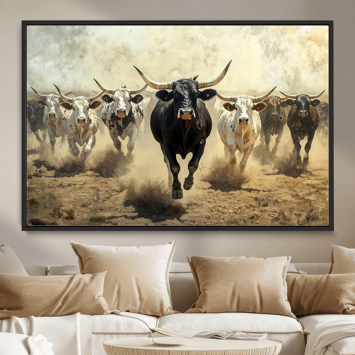 MGV-FC-36X24 - Running Cattle Wall Art – Canvas Print of Western Herd, Dust Stampede, Longhorns, Wild West Ranch, Bold Rustic Farm Decor for Home or Office