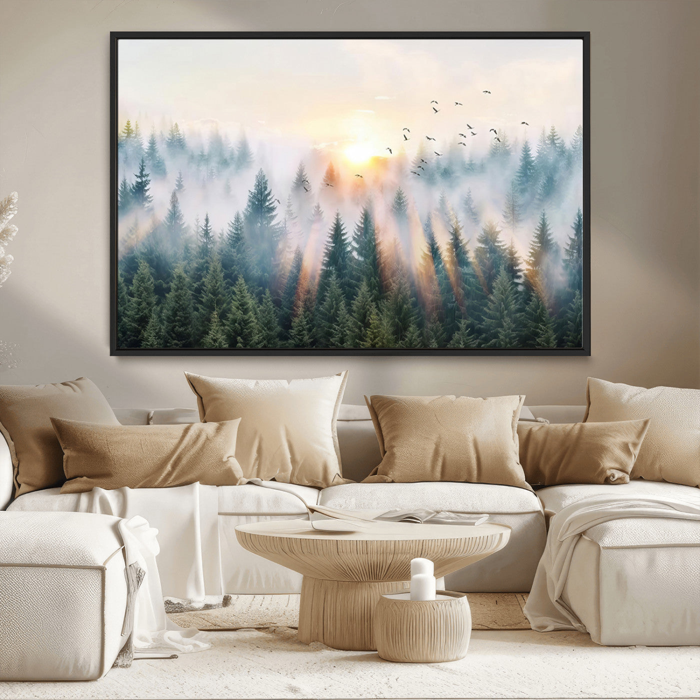MGV-FC-36X24 - Misty Pine Forest Wall Art Canvas, Sunrise Over Foggy Trees Canvas for Home - Office, Framed