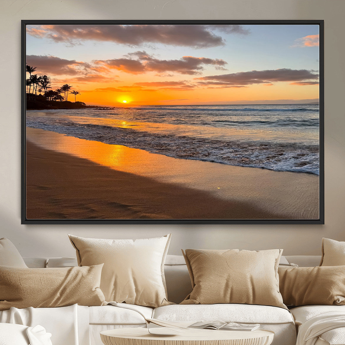 64381660-MGV-CV-36X24-Tropical Beach Wall Art – Framed Sunset Ocean Canvas Artwork, Golden Shore Design, Modern Coastal Decor for Home, Office