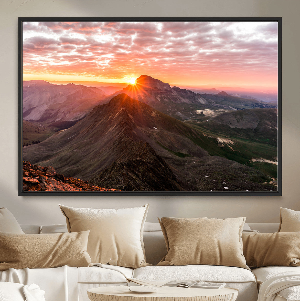 50957419-MGV-CV-36X24-Mountain Sunrise Wall Art – Framed Alpine Ridge Canvas Artwork, Golden Peak Design, Scenic Nature Decor for Home, Office