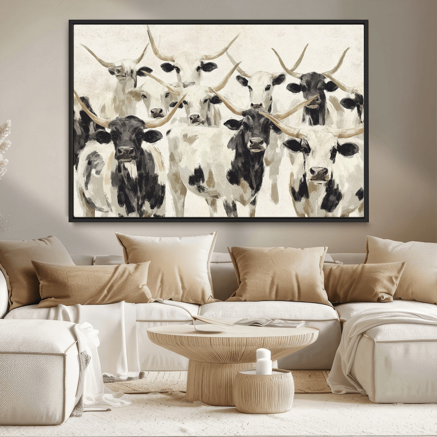 MGV-FC-36X24 - Longhorn Texas Cow Drawing Abstract Wall Art Canvas Print for Farmhouse Decor, Texas Bull Printing