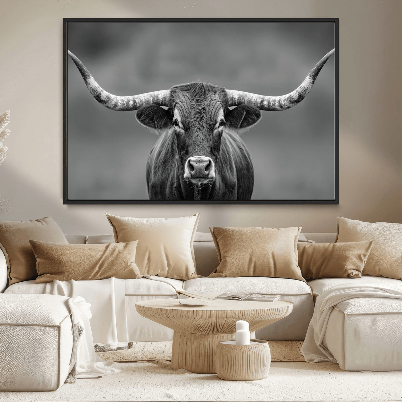 MGV-FC-36X24 - Framed Texas Longhorn Bull Art Canvas Print, Western Bull Wall Art Print, Long Horn Bull Photo Print