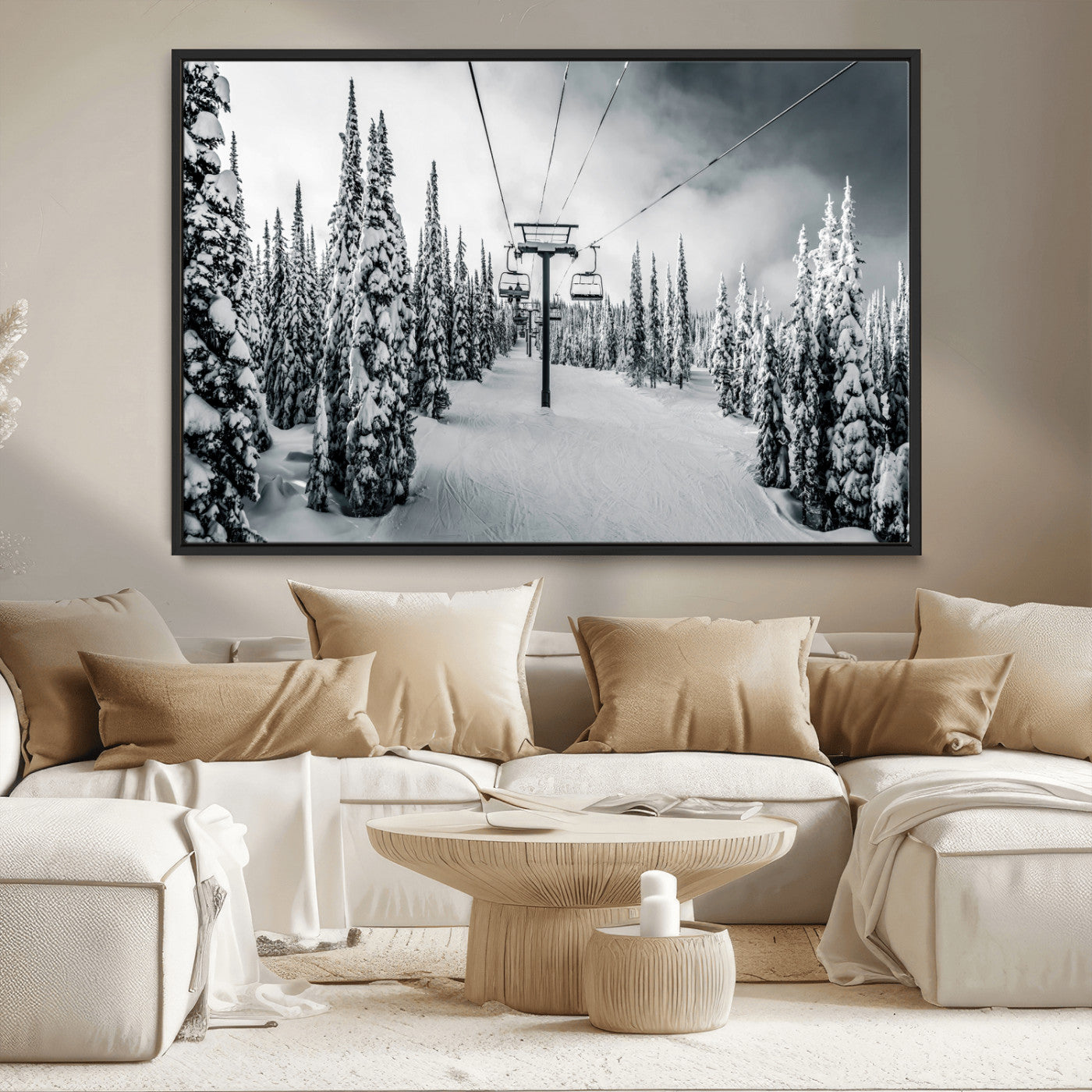 MGV-FC-36X24 - Snowy Pines Wall Art Canvas Print, Framed Ski Lift Art Picture Print, Winter Forest Perfect Moody Lodge Decor Artwork