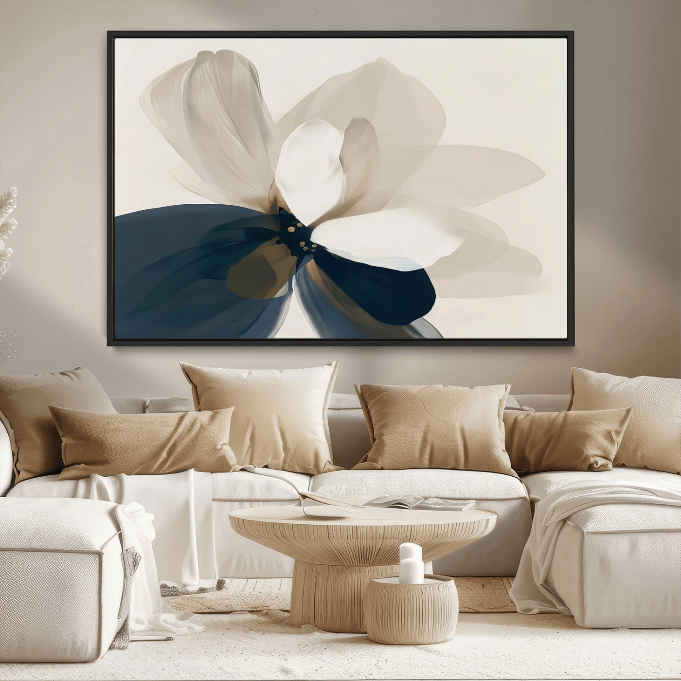 MGV-FC-36X24 - Minimal Flower Wall Art Canvas Print, Framed Flower Drawing Art Picture Print, Beige Bloom Perfect Modern Botanical Decor Artwork