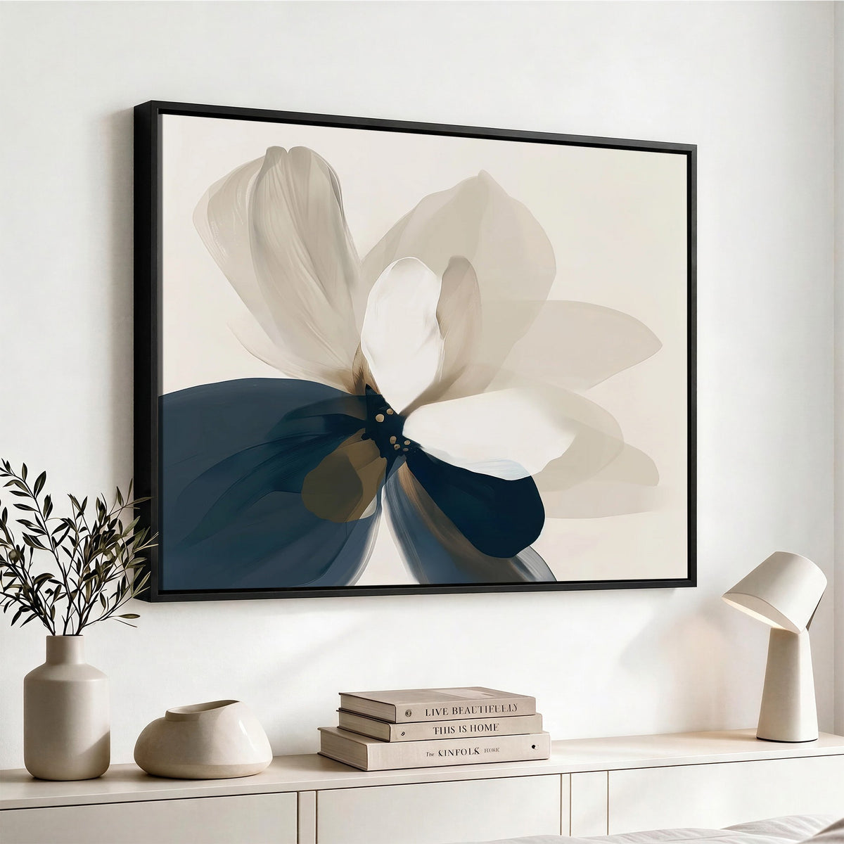42188901-MGV-CV-24X16 - Minimal Flower Wall Art Canvas Print | Framed Beige and Navy Bloom