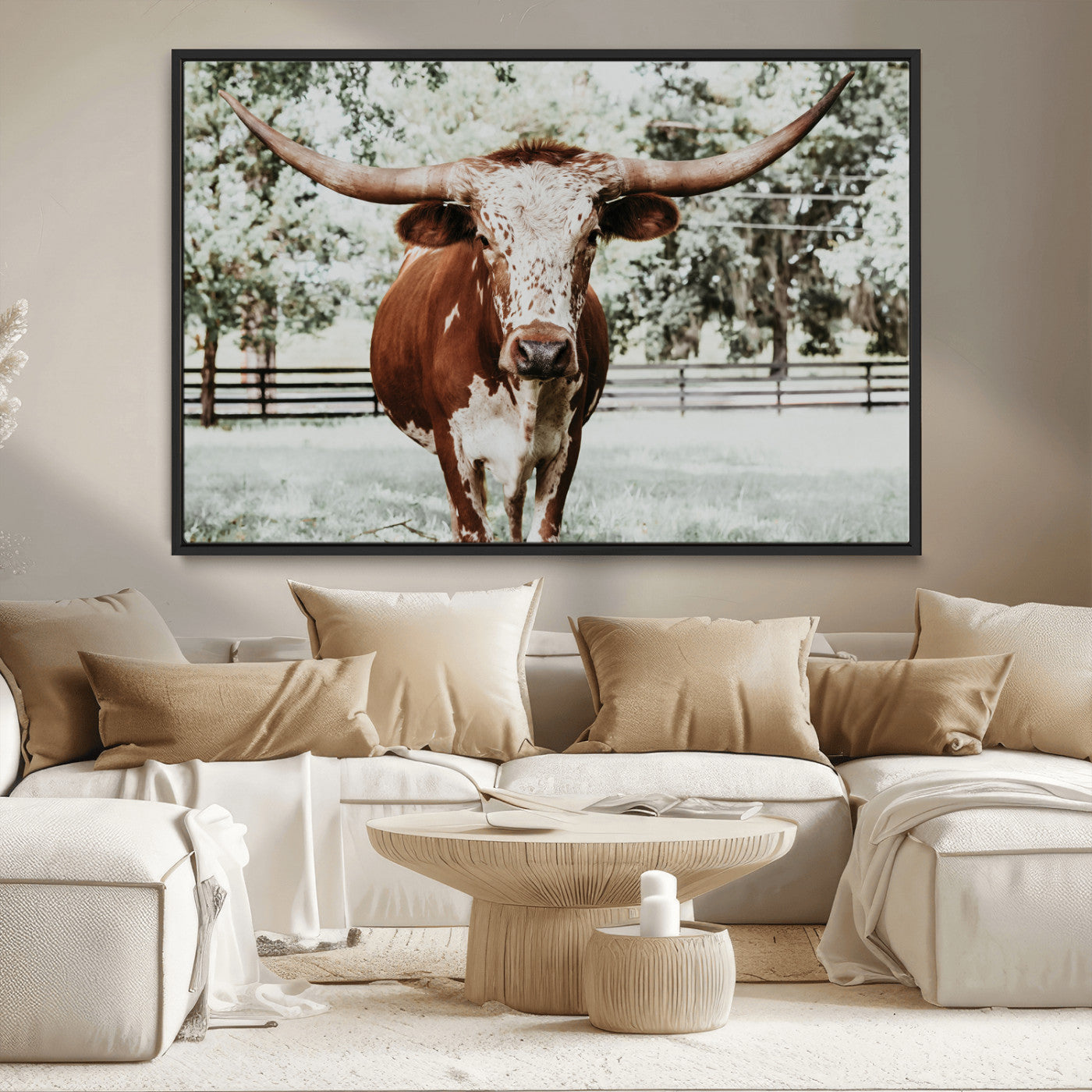 MGV-FC-36X24 - Texas Longhorn Wall Art Canvas Print, Framed Spotted Cow Art Picture Print, Horned Cattle Perfect Rustic Western Decor Artwork