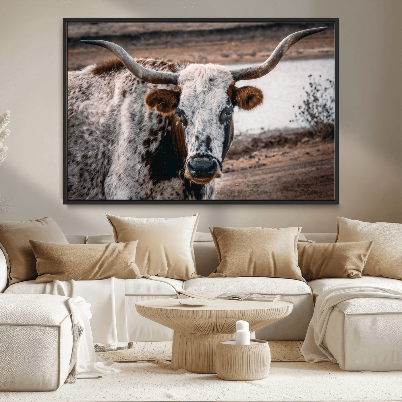MGV-FC-36X24 - Texas Longhorn Wall Art Canvas Print, Framed Spotted Cow Art Picture Print, Horned Cattle Perfect Rustic Western Decor Artwork