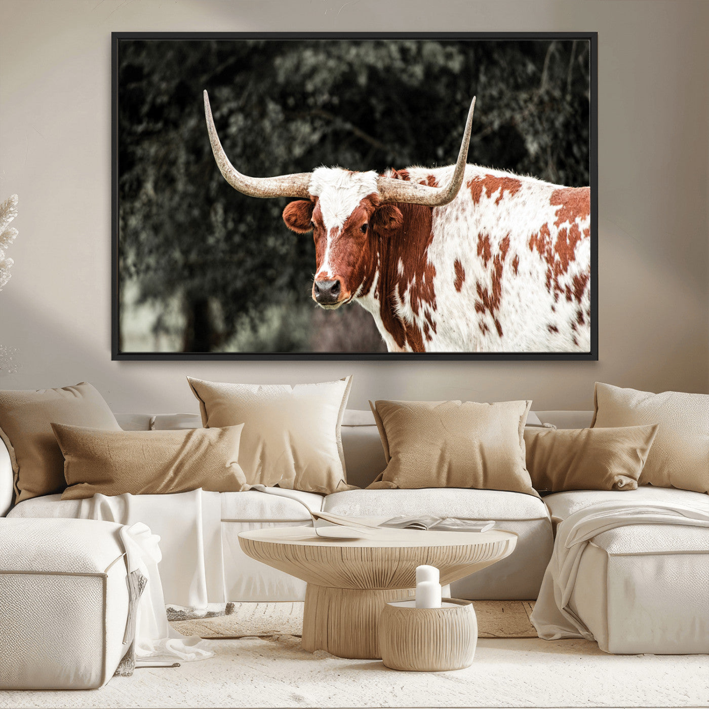 MGV-FC-36X24 - Texas Longhorn Wall Art Canvas Print, Framed Spotted Cow Art Picture Print, Horned Bull Perfect Rustic Western Decor Artwork