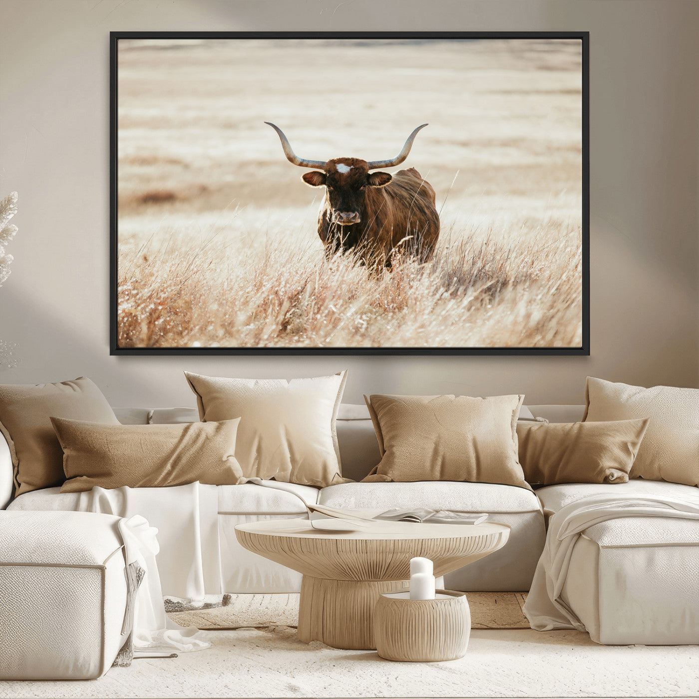 MGV-FC-36X24 - Texas Longhorn Wall Art Canvas Print, Framed Brown Cattle Art Picture Print, Horned Bull Perfect Rustic Western Decor Artwork
