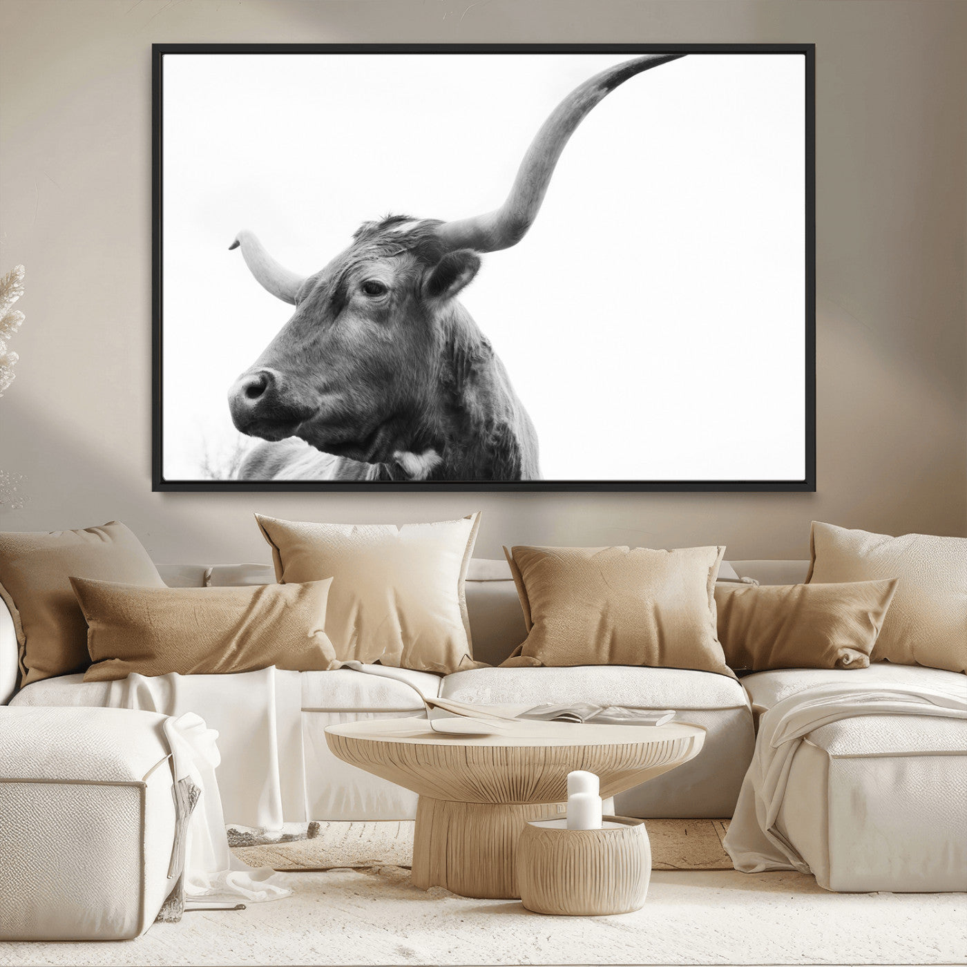 MGV-FC-36X24 - Longhorn Wall Art Wall Art Canvas Print, Framed Modern Ranch Style Art Art Picture Print, Monochrome Cow Print Perfect Rustic Western Decor Artwork