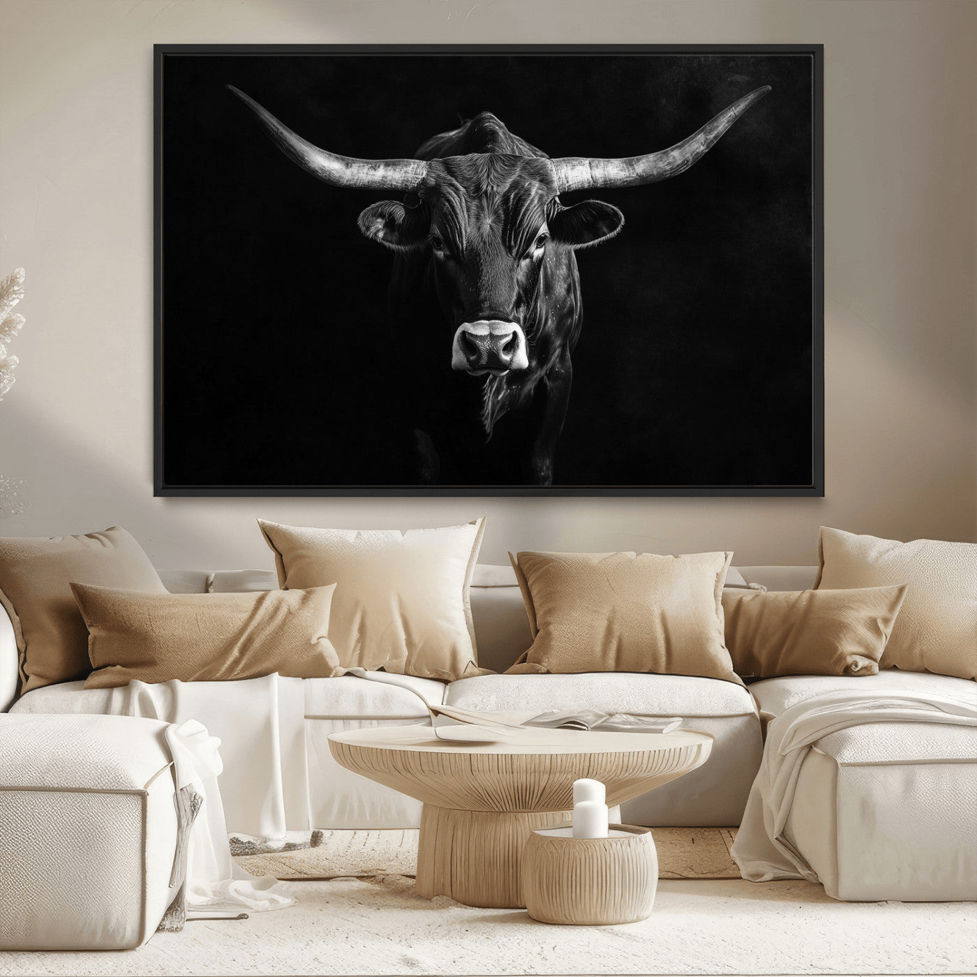 MGV-FC-36X24 - Texas Longhorn Wall Art Canvas Print, Framed Monochrome Bull Art Picture Print, Horned Bull Perfect Rustic Western Decor Artwork