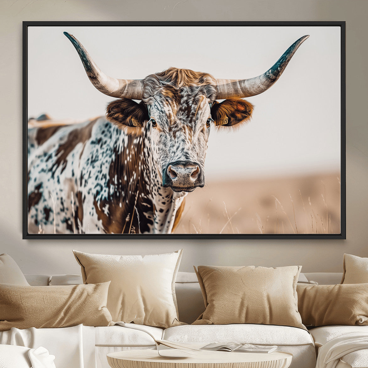 70414966-MGV-CV-36X24-Texas Longhorn Wall Art – Framed Speckled Cow Canvas Artwork, Horned Bull Design, Western Ranch Decor for Home, Office