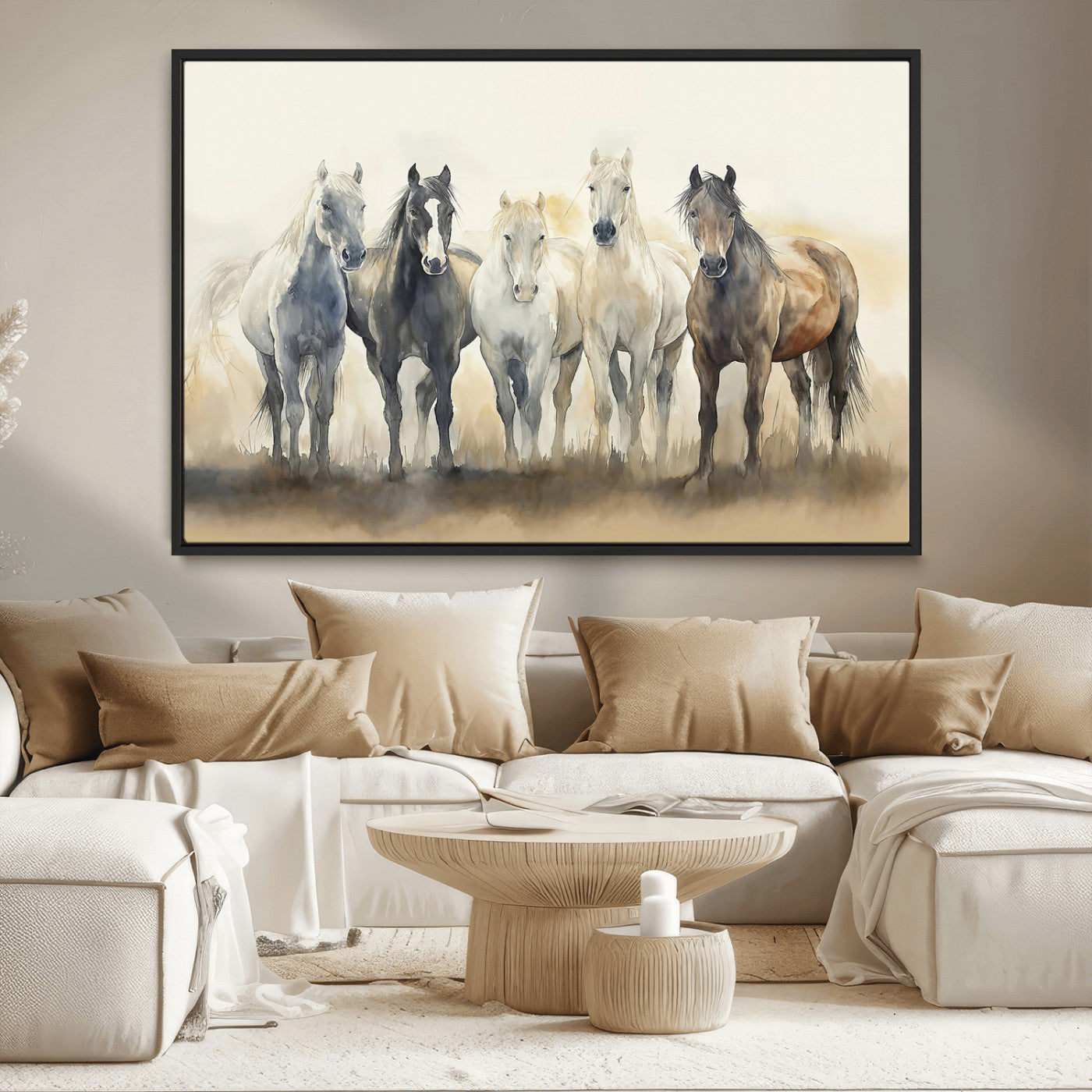 MGV-FC-36X24 - Wild Horses Wall Art Canvas Print, Framed Running Horses Art Picture Print, Watercolor Horses Perfect Rustic Western Decor Artwork