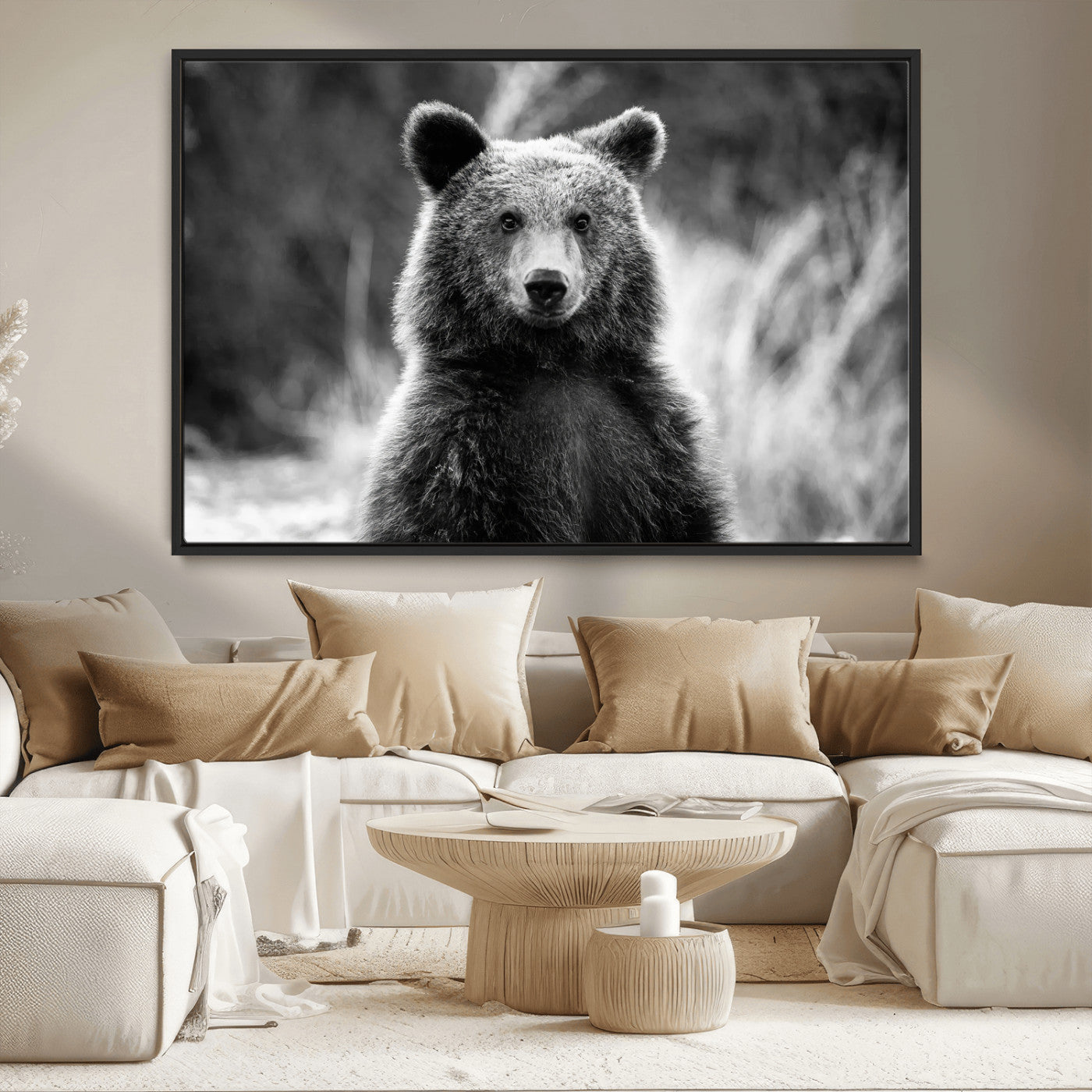 MGV-FC-36X24 - Grizzly Bear Wall Art Canvas Print, Framed Black White Bear Art Picture Print, Wild Bear Perfect Rustic Wildlife Decor Artwork