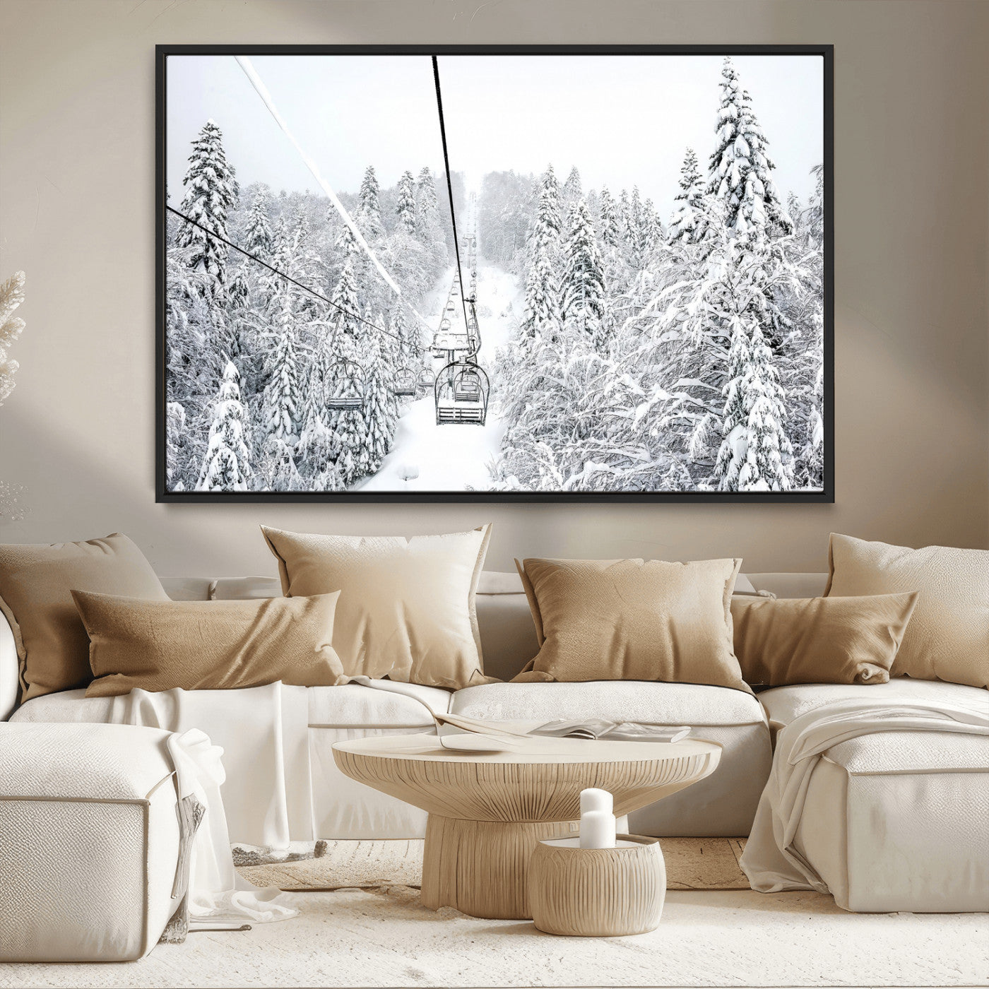 MGV-FC-36X24 - Snowy Mountains Wall Art Canvas Print, Framed Ski Lift Art Picture Print, Winter Forest Perfect