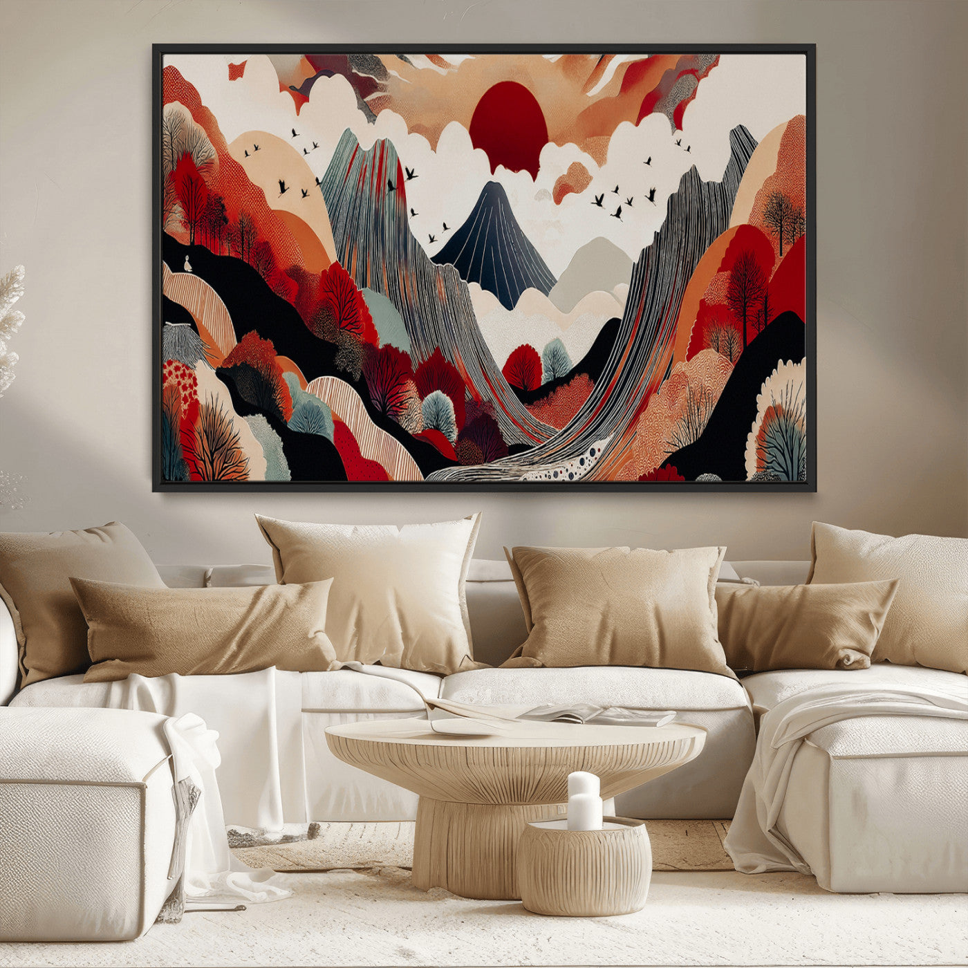 MGV-FC-36X24 - Abstract Mountain Wall Art Canvas Print, Framed Vibrant Landscape Art Picture Print, Stylized Nature Drawing Perfect Contemporary Minimalist Decor Artwork