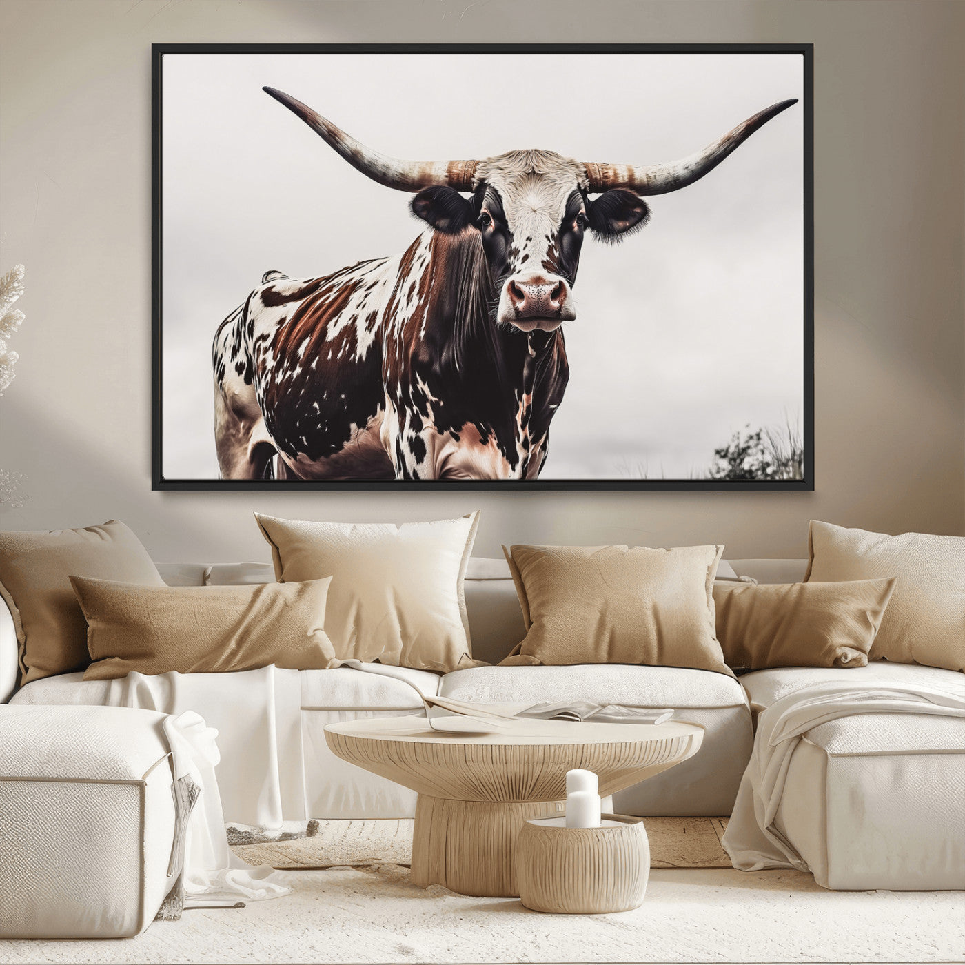 MGV-FC-36X24 - Texas Longhorn Wall Art Canvas Print, Framed Spotted Bull Art Picture Print, Horned Cattle Perfect Rustic Farmhouse Decor Artwork