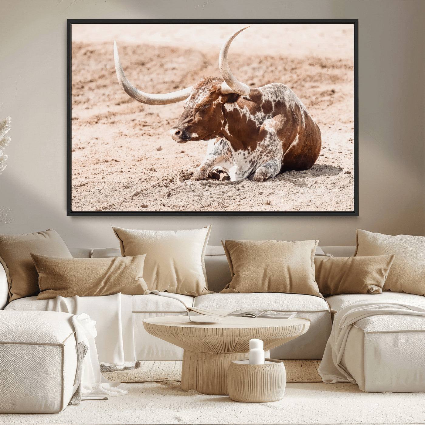 MGV-FC-36X24 - Texas Longhorn Wall Art Canvas Print, Framed Resting Bull Art Picture Print, Spotted Cattle Perfect Rustic Western Decor Artwork