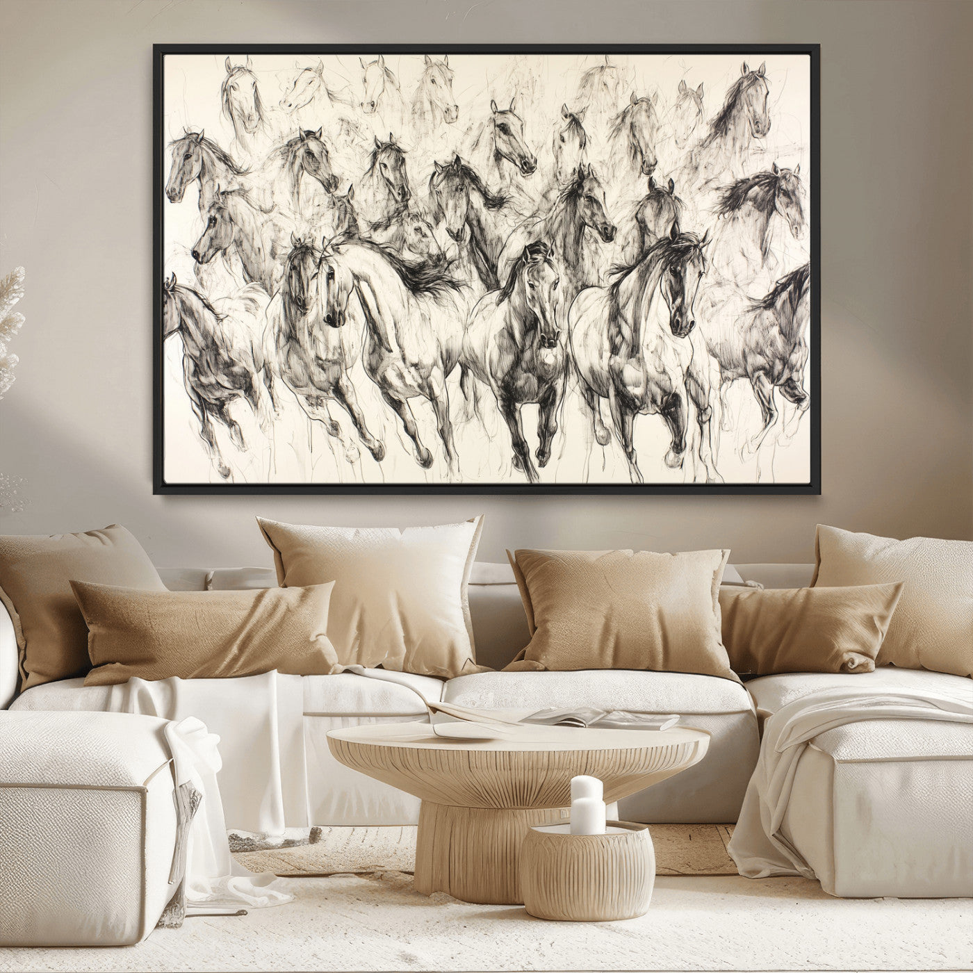 MGV-FC-36X24 - Running Horses Wall Art Canvas Print, Framed Horse Sketch Art Picture Print, Galloping Herd Perfect Monochrome Western Decor Artwork