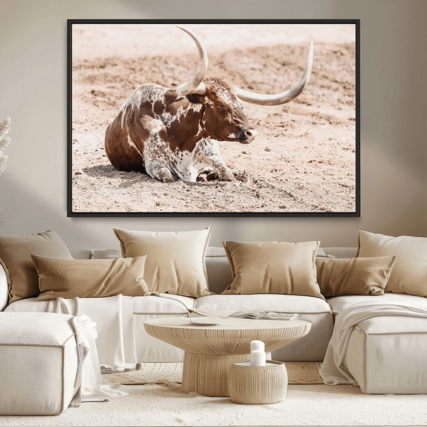 MGV-FC-36X24 - Texas Longhorn Wall Art Canvas Print, Framed Resting Bull Art Picture Print, Spotted Cattle Perfect Rustic Western Decor Artwork