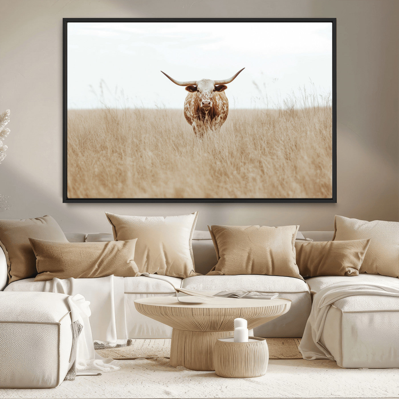 MGV-FC-36X24 - Texas Longhorn Wall Art Canvas Print, Framed Lone Cattle Art Picture Print, Longhorn Bull Perfect Rustic Western Decor Artwork