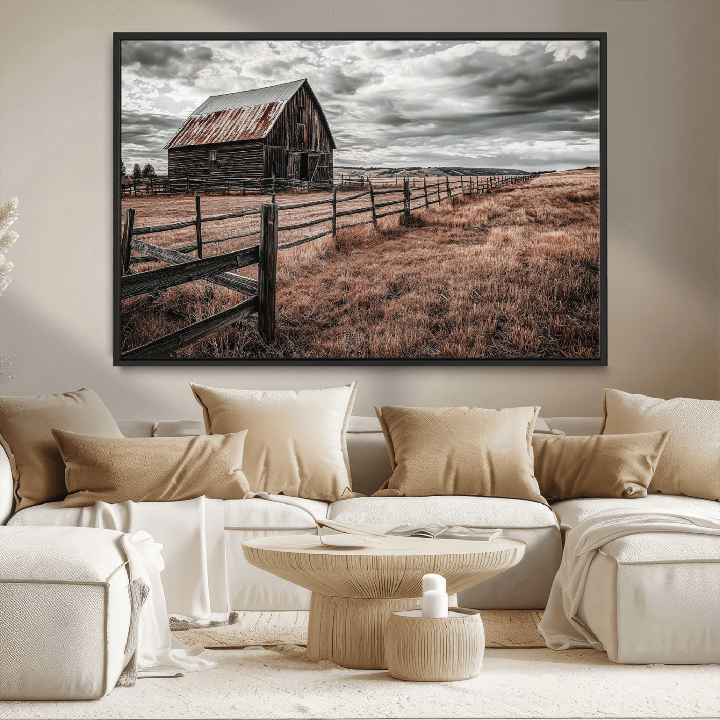 MGV-FC-36X24 - Rustic Barn Wall Art Canvas Print, Framed Moody Field Art Picture Print, Weathered Fence Perfect Moody Farmhouse Decor Artwork