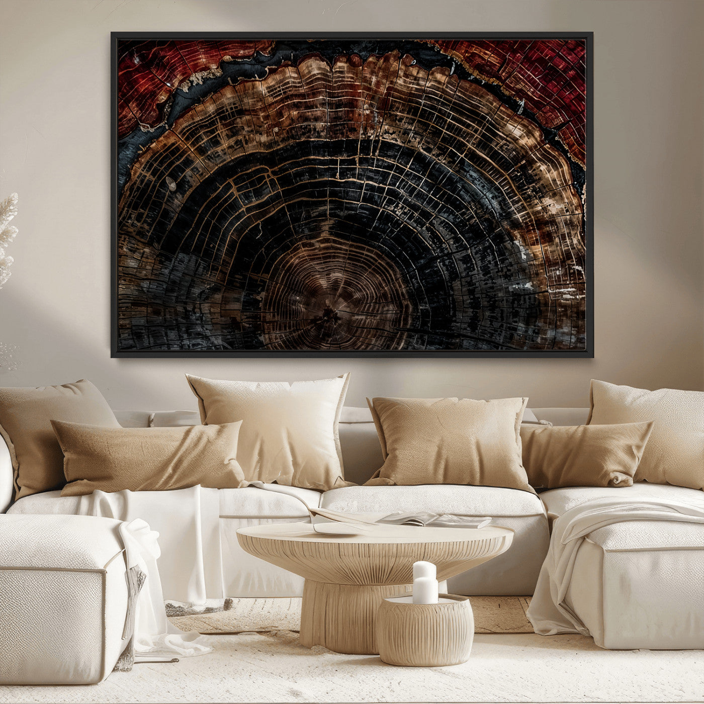 MGV-FC-36X24 - Dark Wood Ring Wall Art Canvas Print, Framed Abstract Wood Tree Art Picture Print, Rustic Tree Slice Perfect Rustic Decor Artwork