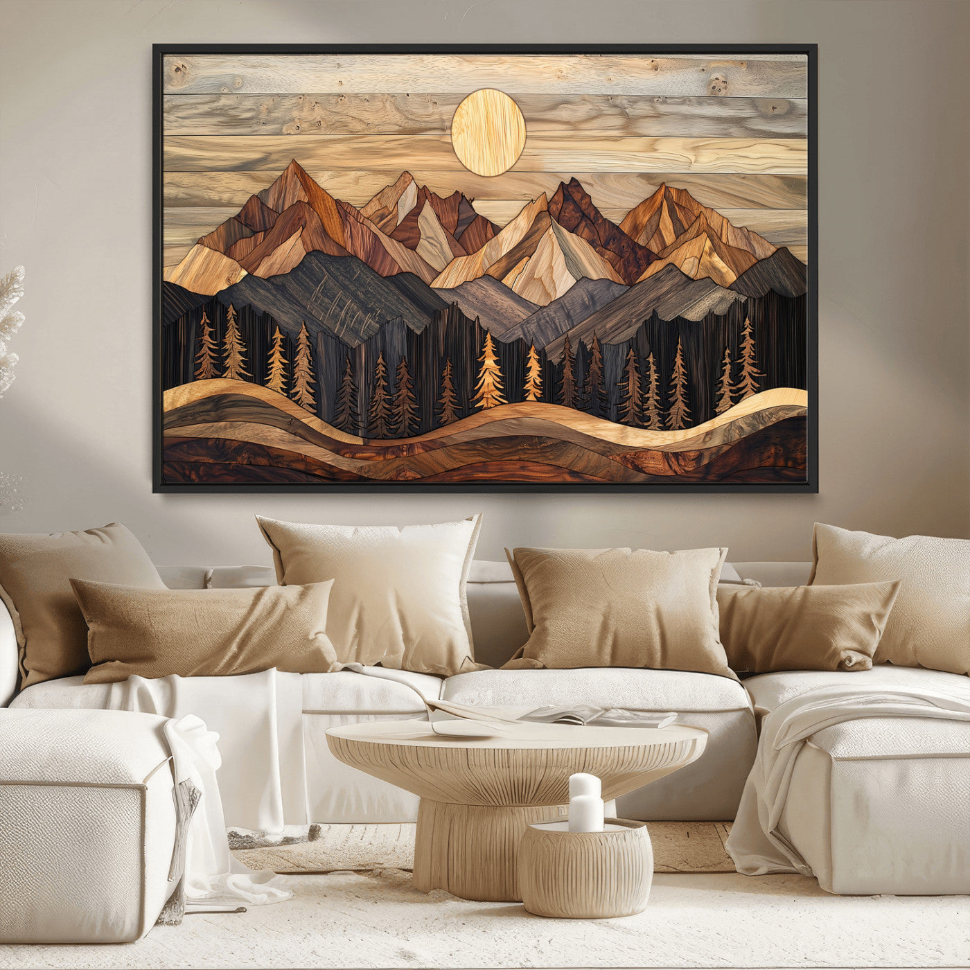 MGV-FC-36X24 - Wood Mountain Wall Art Canvas Print, Framed Boho Wood Art Picture Print, Abstract Woodland Perfect Farmhouse Decor Artwork