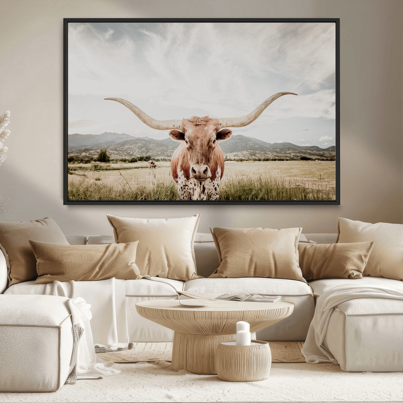MGV-FC-36X24 - Texas Longhorn Wall Art Canvas Print, Framed Western Cow Art Picture Print, Rustic Farmhouse Perfect Farmhouse Decor Artwork