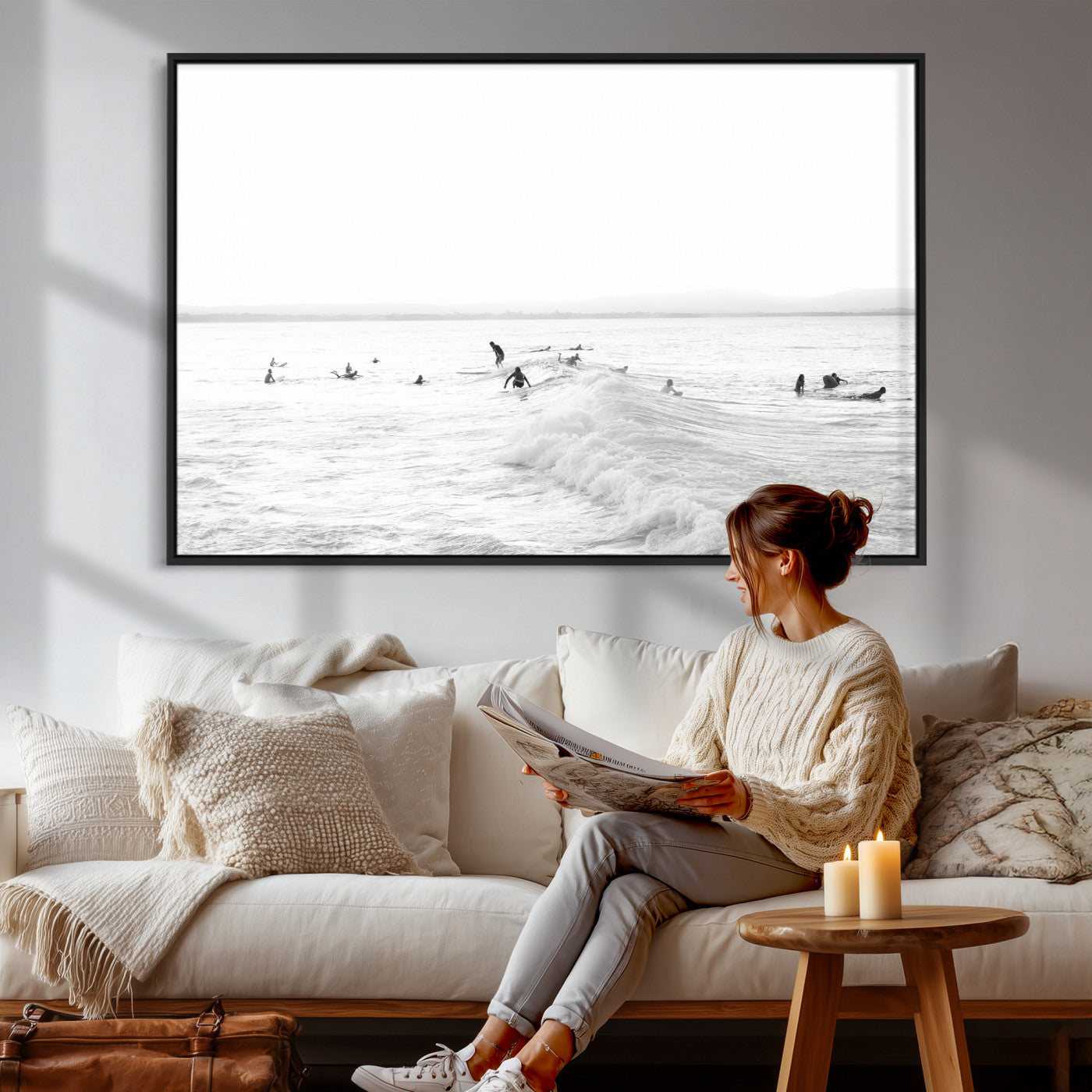 33449548-MGV-CV-36X24 - Surf Crowd Motion Wall Art – Active Surfers & Ocean Waves Canvas Print, Dynamic Water and Coastal Horizon for Living Room or Sea Adventure Decor