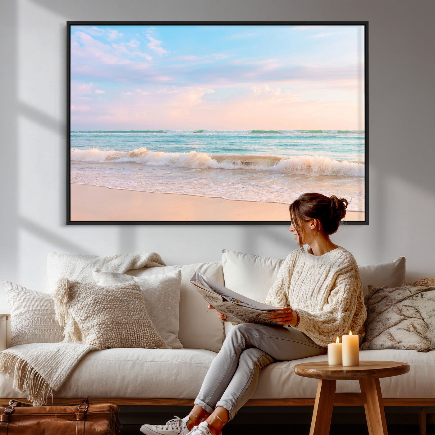 74679437-MGV-CV-36X24 - Serene Waves Wall Art – Golden Shore & Soft Pastel Sky Canvas Print, Gentle Ocean and Peaceful Sunset for Living Room or Office