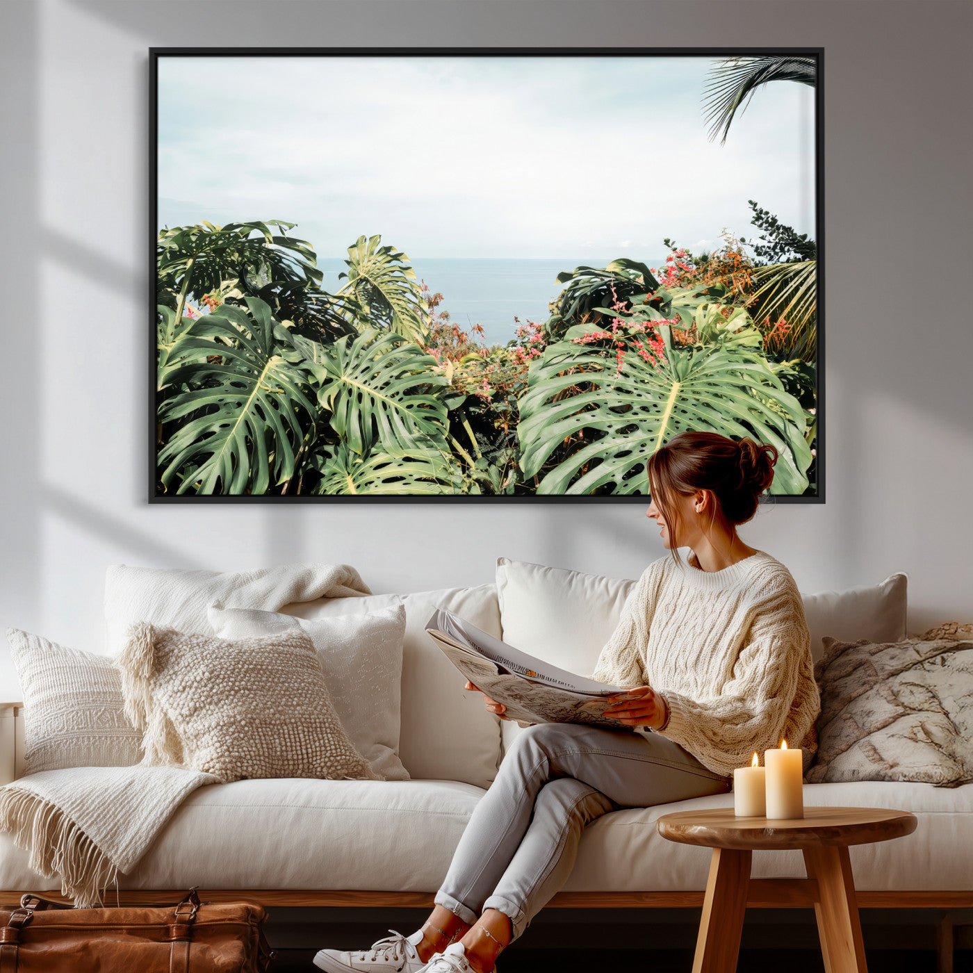 45700479-MGV-CV-36X24 - Tropical Greenery Wall Art – Exotic Leaves & Ocean View Canvas Print, Sunlit Paradise and Vibrant Nature for Living Room or Coastal Decor