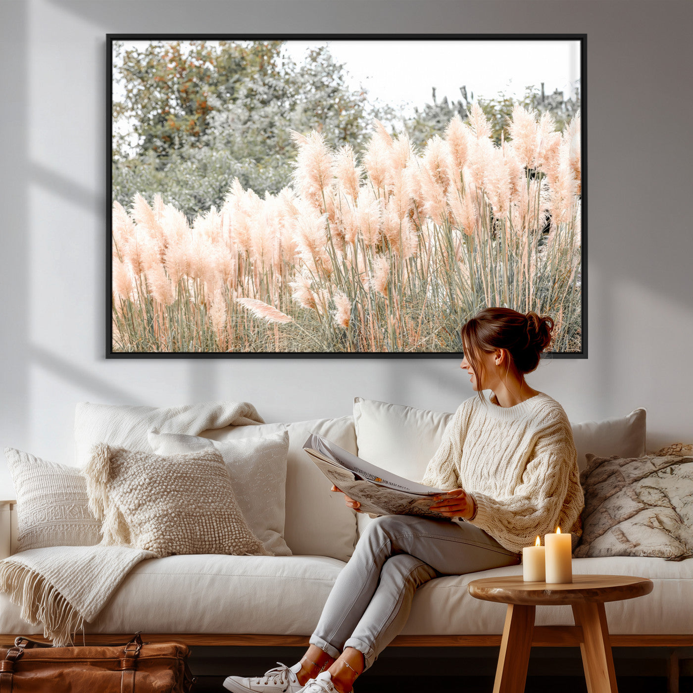 21826392-MGV-CV-36X24 - Pampas Grass Wall Art – Soft Blush Hues and Natural Texture Canvas Print, Serene Outdoors & Botanical Charm for Living Room or Nature Decor
