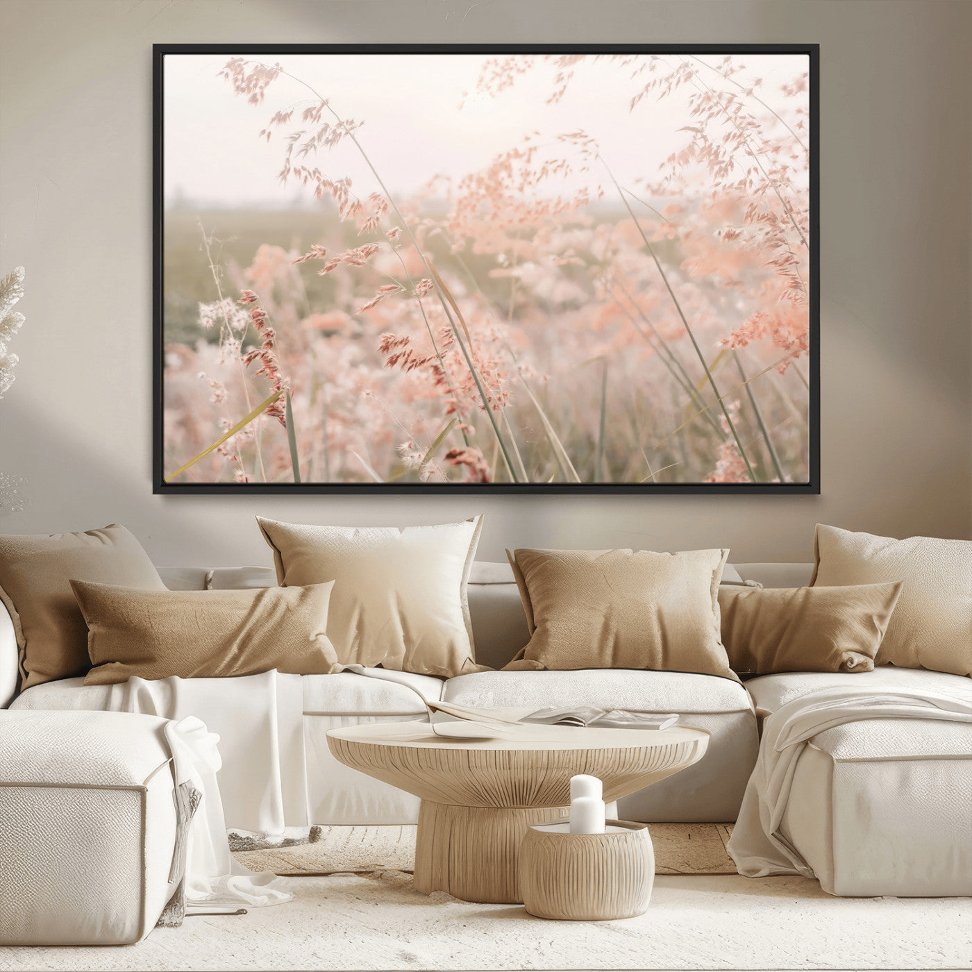 MGV-FC-36X24 - Pastel Grasses Wall Art Canvas Print, Framed Soft Meadow Art Picture Print, Field in Breeze Perfect Soft Pastel Minimal Decor Artwork