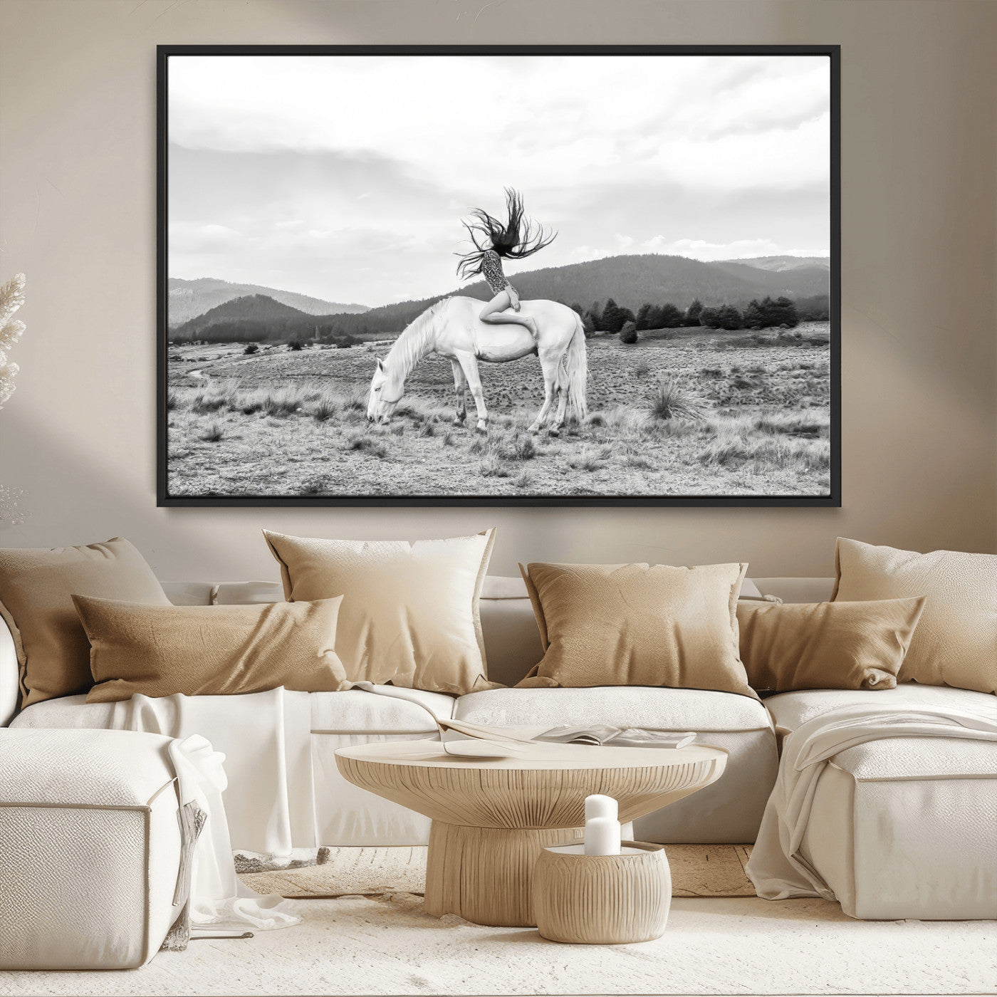 MGV-FC-36X24 - White Horse Wall Art Canvas Print, Framed Woman Rider Art Picture Print, Equestrian Pose Perfect Western Boho Decor Artwork