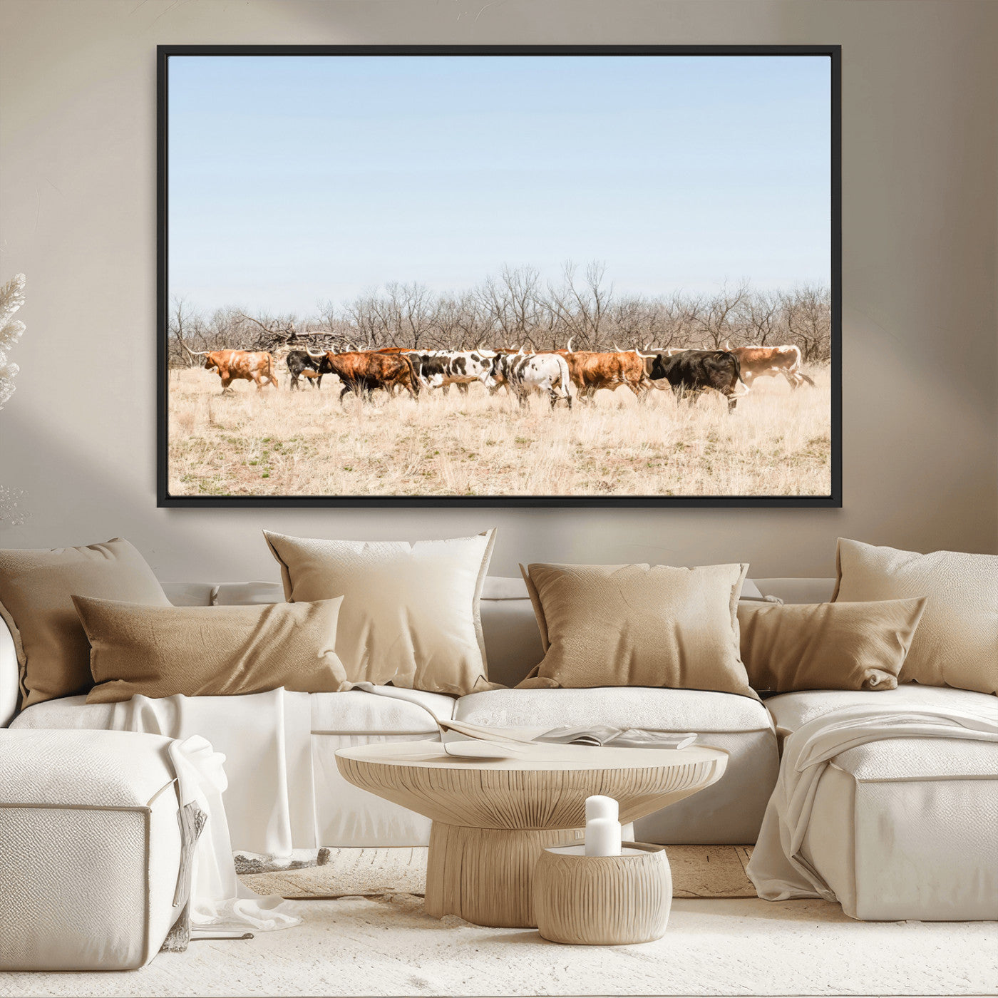 MGV-FC-36X24 - Texas Longhorns Wall Art Canvas Print, Framed Western Cattles Art Picture Print, Rustic Herd Perfect Rustic Farmhouse Decor Artwork
