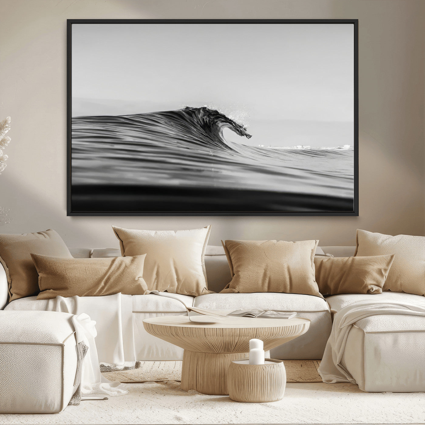 MGV-FC-36X24 - Black Wave Wall Art Canvas Print, Framed Abstract Surf Art Picture Print, Minimalist Ocean Perfect Minimalist Coastal Decor Artwork