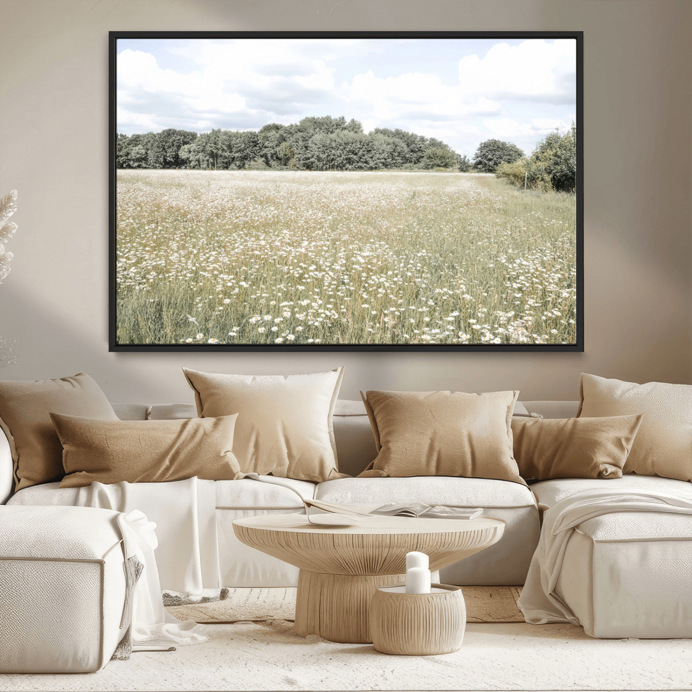 MGV-FC-36X24 - Charming Daisy Field Wall Art Canvas Print, Framed Pastel Flower Art Picture Print, Meadow Bloom Perfect Scandinavian Minimalist Decor Artwork