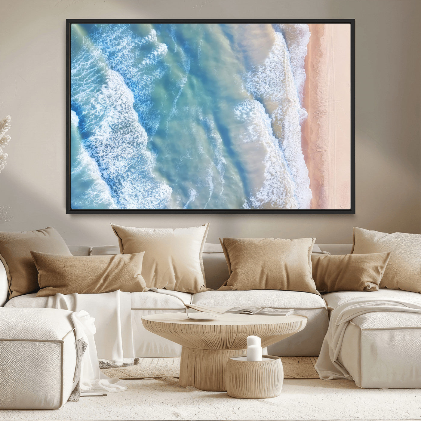 MGV-FC-36X24 - Aerial Ocean View Wall Art Canvas Print, Framed Soft Blue Waves Art Picture Print, Sandy Shoreline Perfect Modern Coastal Decor Artwork